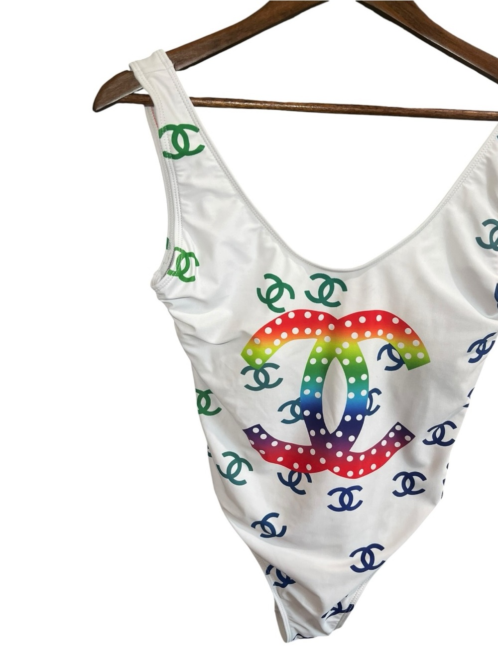 CHANEL White One-Piece Swimsuit with Multicolor Rainbow Logo Size XL - Picture 2 of 7